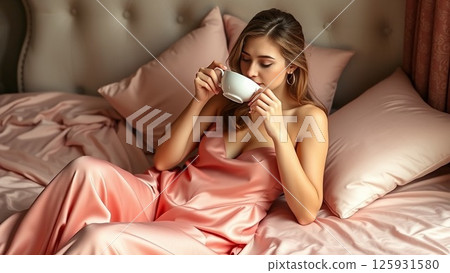 年輕女子在房間裡喝熱飲 125931580