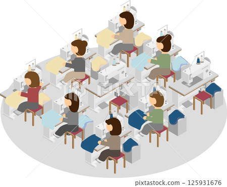 Isometric image of people sewing in a factory 125931676