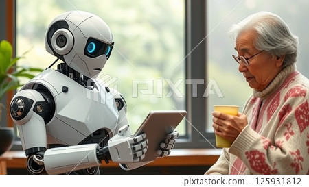 一個機器人和一個老人正在交談 一個機器人和一個老人正在交談 125931812