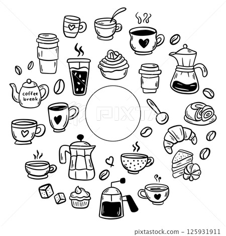 Doodle Cute coffee shop icons. Cartoon Outline hand drawn for coffee and bakery for cafe menu 125931911