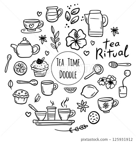 Tea Time Doodle Illustrations Collection Featuring Various Teapots, Cup and Accessories. 125931912