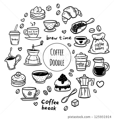 Doodle Cute cartoon coffee shop icons. Outline hand drawn for coffee and bakery for cafe menu Doodle Cute cartoon coffee shop icons. Outline hand drawn for coffee and bakery for cafe menu 125931914