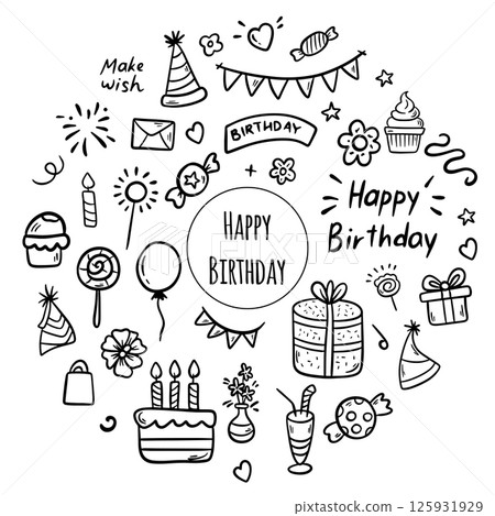 Set of Happy Birthday doodles. Sketch of decoration, gift box, cake, party hats. Hand drawn illustration 125931929