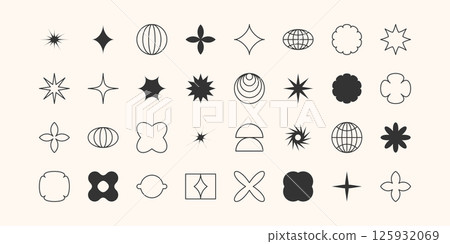 Postmodern geometric abstract shapes, Retro design symbols in Y2K. vector shapes, trendy retro design symbols in Y2K style. Geometric shapes set. Postmodern geometric abstract shapes, Retro design symbols in Y2K. vector shapes, trendy retro design symbols in Y2K style. Geometric shapes set. 125932069