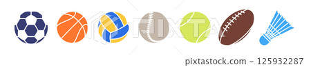 Sport equipment set. Sport balls like soccer, football, basketball, baseball, tennis and badminton ruffle. Glyph icons Sport equipment set. Sport balls like soccer, football, basketball, baseball, tennis and badminton ruffle. Glyph icons 125932287