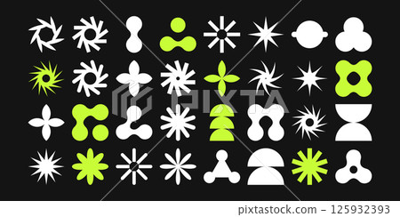 Postmodern geometric abstract shapes, Retro design symbols in Y2K. Brutalist vector shapes, trendy retro design symbols in Y2K style. Geometric shapes set. 125932393