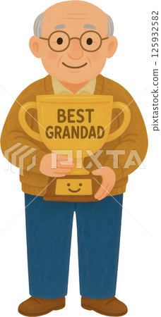 Smiling Grandfather Holding Best Grandad Award 125932582