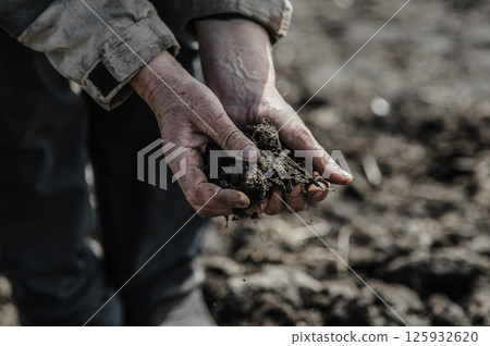 A farmer's hands hold the earth, stained with sweat and dirt. A farmer's hands hold the earth, stained with sweat and dirt. 125932620