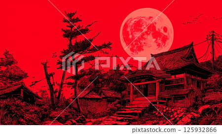 Japanese style illustration of a red full moon and an old shrine 125932866