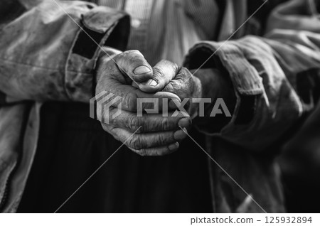 The pensioner's hands tremble slightly, marked by time and hardship. The pensioner's hands tremble slightly, marked by time and hardship. 125932894