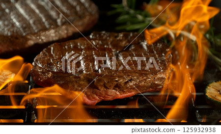 Close-up of Beef Steak on a Grill with Roaring Flames Close-up of Beef Steak on a Grill with Roaring Flames 125932938