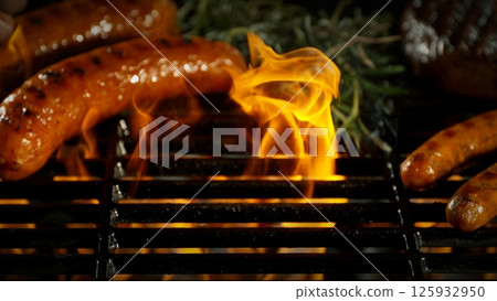 Close-up of Barbeque Grill with Various Meats and Roaring Flames 125932950