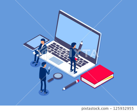 Online education concept banner with characters.  Flat isometric vector illustration 125932955