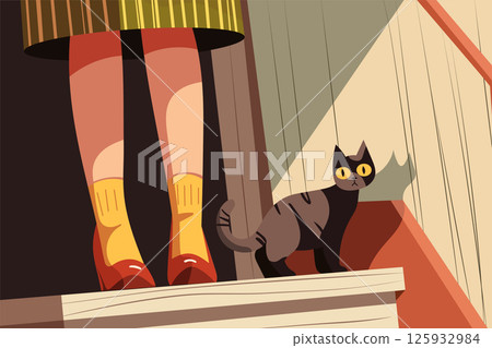 Flat vector illustration of a curious dark cat with yellow eyes looking up at human legs wearing a striped dress, orange socks, and red shoes indoors. Domestic scene with pet life. 125932984