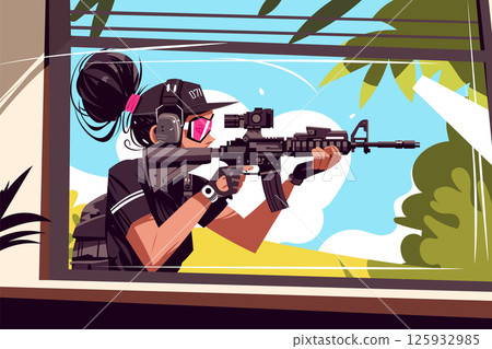 Tactical female with rifle aiming from window. Security concept flat vector illustration. Urban defense, military operation 125932985