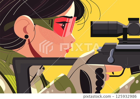Woman aiming rifle with scope. Focused female shooter, markswoman. Precision and concentration in military or sport. Tactical gear. Vector illustration. Woman aiming rifle with scope. Focused female shooter, markswoman. Precision and concentration in military or sport. Tactical gear. Vector illustration. 125932986