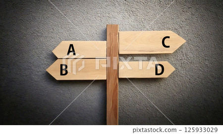 ABCD lettering on four wooden signposts, generative AI_wide 125933029