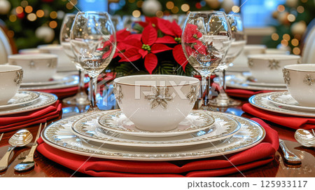 table is elegantly set for celebrating Christmas or New Year. 125933117