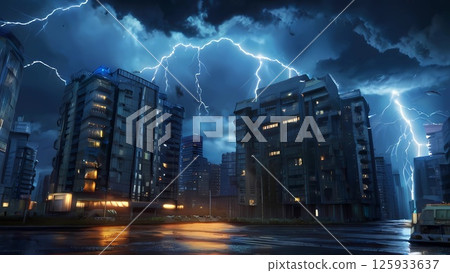 Game background: Submerged skyscraper city buildings and lightning Game background: Submerged skyscraper city buildings and lightning 125933637