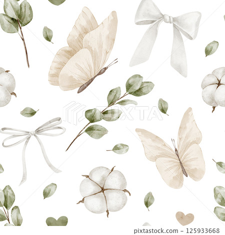 Watercolor Butterfly seamless pattern with soft bows, cotton pods, and eucalyptus branches. Illustration of background for baby textiles, nursery wallpaper, and surface projects. Backdrop for ornament Watercolor Butterfly seamless pattern with soft bows, cotton pods, and eucalyptus branches. Illustration of background for baby textiles, nursery wallpaper, and surface projects. Backdrop for ornament 125933668