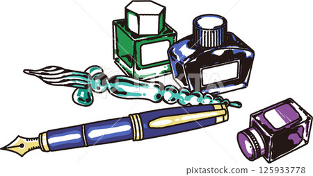 Illustration of a glass pen, a fountain pen and bottled ink 125933778