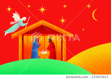 A Beautiful Nativity Scene Illustration Featuring an Angel and Twinkling Stars Above Them 125933815