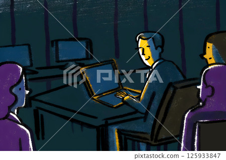 The team meeting is currently in progress, involving laptops and lively discussion 125933847