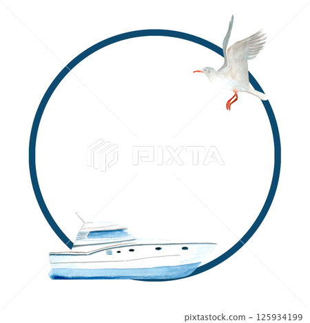 Yacht and seagull watercolor round frame isolated on white. Hand painted clip art perfect for cards, posters, advertisements, invitations, guides, stationary, books. Travel, voyage design. Blue white Yacht and seagull watercolor round frame isolated on white. Hand painted clip art perfect for cards, posters, advertisements, invitations, guides, stationary, books. Travel, voyage design. Blue white 125934199