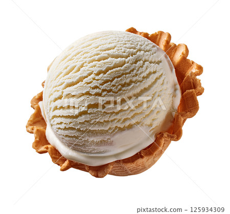 One Single Scoop of Vanilla Ice Cream in Waffle Bowl 125934309