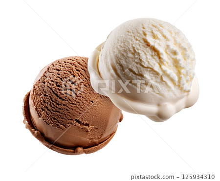 Two Floating and Flying Scoops of Chocolate and Vanilla Ice Cream Two Floating and Flying Scoops of Chocolate and Vanilla Ice Cream 125934310