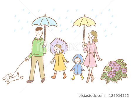 Hand-drawn illustration of a family walking a dog on a rainy day 125934335
