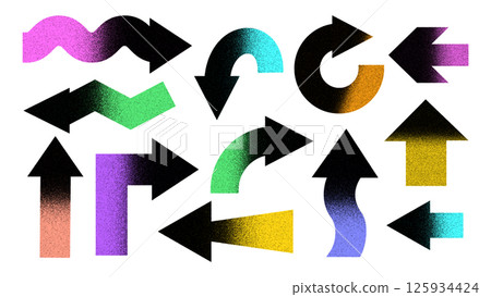 Collection of grainy colorful arrows pointing in various directions Collection of grainy colorful arrows pointing in various directions 125934424