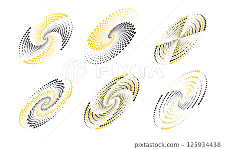 Elliptical shapes with swirling halftone dot patterns in black and yellow Elliptical shapes with swirling halftone dot patterns in black and yellow 125934438