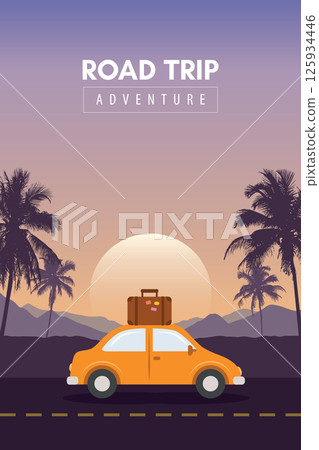 road trip adventure car on tropical landscape vector illustration road trip adventure car on tropical landscape vector illustration 125934446