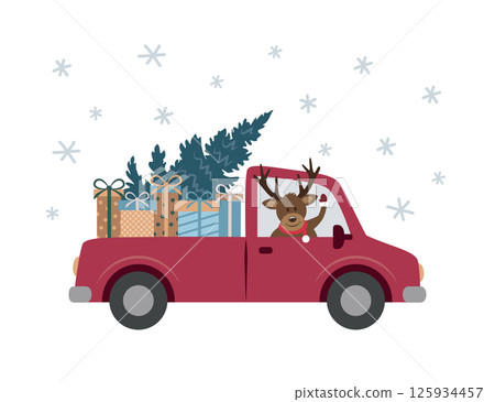 cute deer drives a car with christmas tree and gifts isolated vector illustration cute deer drives a car with christmas tree and gifts isolated vector illustration 125934457