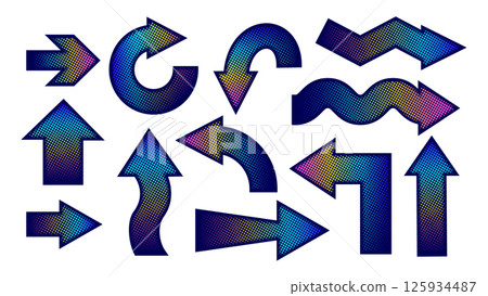 Collection of colorful gradient halftone patterned arrows pointing in various directions Collection of colorful gradient halftone patterned arrows pointing in various directions 125934487