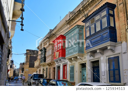 Republic of Malta, Malta Island, Rabat, streetscape with colorful bay windows Republic of Malta, Malta Island, Rabat, streetscape with colorful bay windows 125934513