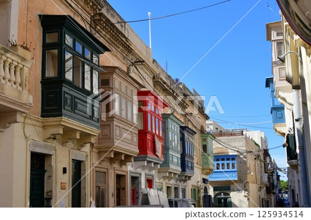 Republic of Malta, Malta Island, Rabat, streetscape with colorful bay windows Republic of Malta, Malta Island, Rabat, streetscape with colorful bay windows 125934514