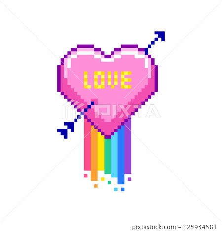 Pixel art heart with LOVE text, rainbow trails, and a pierced arrow 125934581