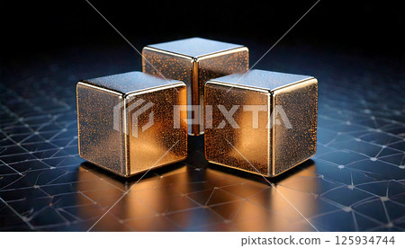 Three glittering metal cubes, generative AI_wide 125934744