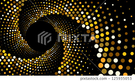 Golden dots forming a swirling spiral pattern around a black center on a black background Golden dots forming a swirling spiral pattern around a black center on a black background 125935053