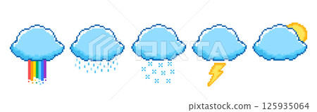 Set of cloud icons in pixel art style on white background 125935064