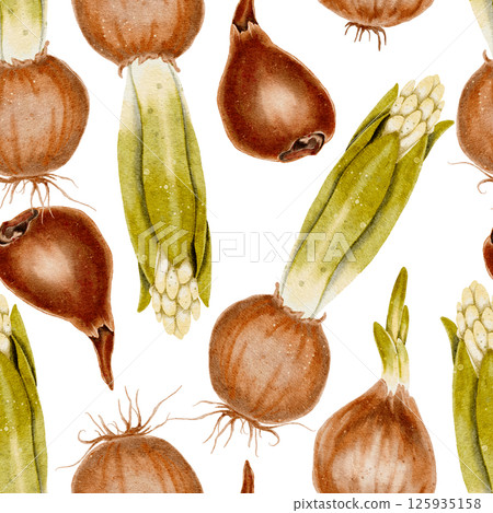 Flower bulb with green leaves and bud and roots seamless pattern. Watercolor illustration is suitable for topics related to ecology, gardening, nature. Onions, a spice for cooking. Flower bulb with green leaves and bud and roots seamless pattern. Watercolor illustration is suitable for topics related to ecology, gardening, nature. Onions, a spice for cooking. 125935158