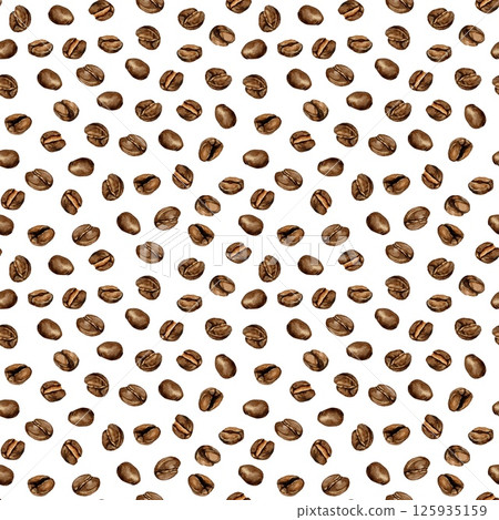 Watercolor illustration of coffee beans seamless pattern on white. Realistic style. Suitable for packaging design, logos, posters, menus, advertising for coffee brands, and cafes. 125935159