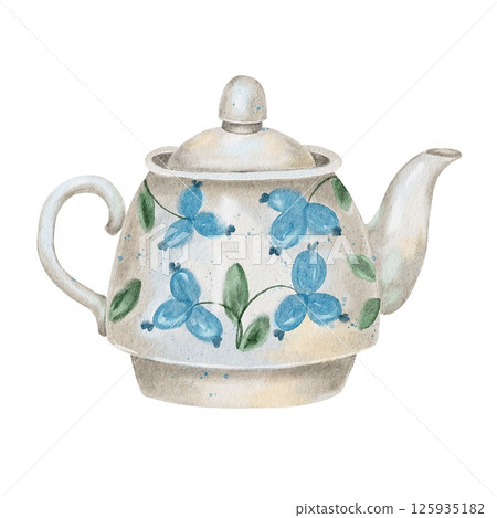 White teapot with blue floral painting. Teakettle, watercolor illustration on white. Tea drinking, birthdays and holidays, Maslenitsa. 125935182
