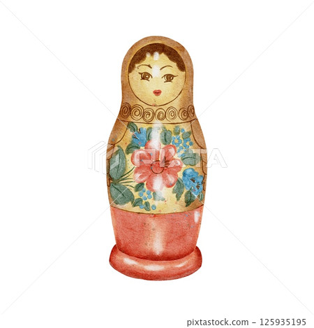Russian folk matryoshka wooden with decorative painting, flowers, national clothes. Watercolor illustration, souvenir, symbol of Maslenitsa. Nesting Doll of Russian culture during the Soviet Union. Russian folk matryoshka wooden with decorative painting, flowers, national clothes. Watercolor illustration, souvenir, symbol of Maslenitsa. Nesting Doll of Russian culture during the Soviet Union. 125935195