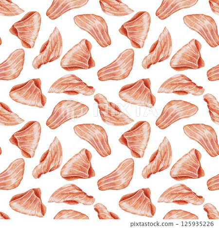 Pieces of red fish, salmon, watercolor illustration seamless pattern on white. For packaging, labels, compositions, recipes, menus and restaurants. Pieces of red fish, salmon, watercolor illustration seamless pattern on white. For packaging, labels, compositions, recipes, menus and restaurants. 125935226