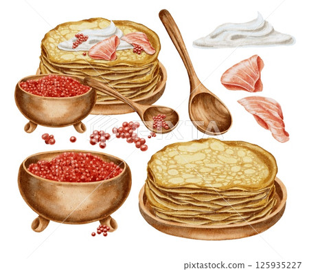 Set Pancakes with sour cream, salmon fish and caviar in wooden deep bowl and spoon. Holiday Maslenitsa. Watercolor illustration for packaging, kitchen textiles, napkins, labels, packaging. Set Pancakes with sour cream, salmon fish and caviar in wooden deep bowl and spoon. Holiday Maslenitsa. Watercolor illustration for packaging, kitchen textiles, napkins, labels, packaging. 125935227