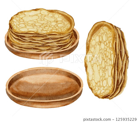 A stack of appetizing pancakes in wooden plate for the holiday of Maslenitsa, watercolor illustration set on white. For restaurant menus, recipe books, cooking, printing on kitchen utensils. 125935229