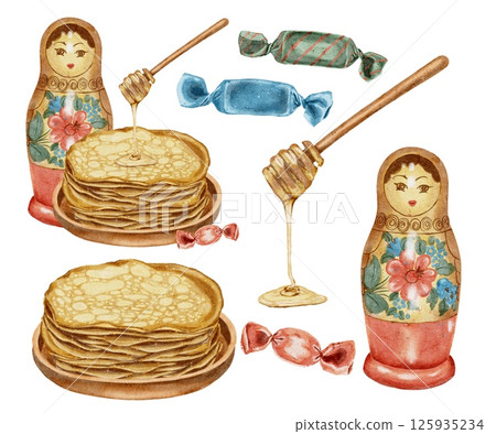 Pancakes in wooden plate with honey, russian doll matryoshka and red sweet candy set on white. Holiday Maslenitsa. Watercolor illustration for packaging, kitchen textiles, napkins, labels, packaging. 125935234